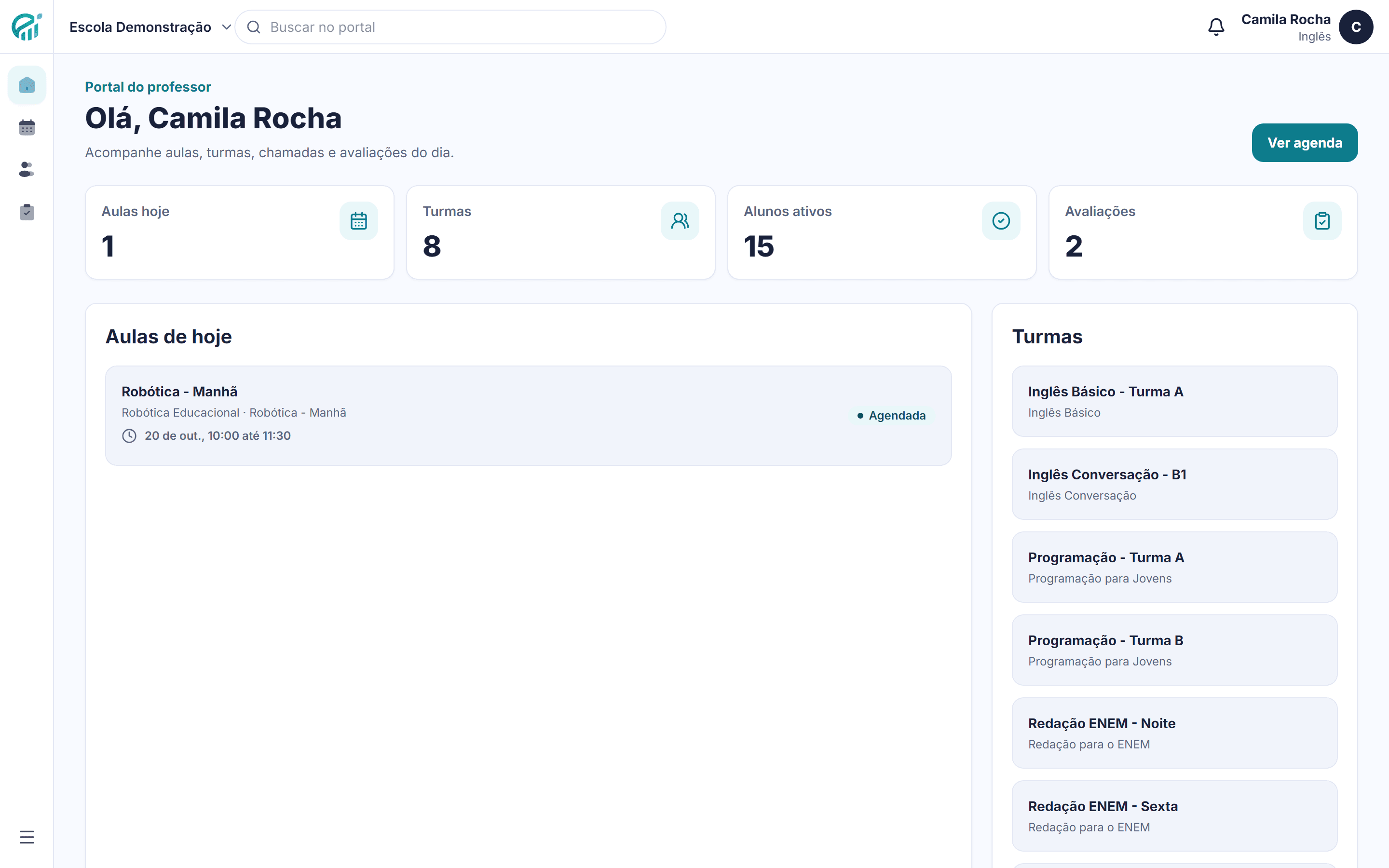Portal do professor no Eduvo com as aulas do dia, turmas, alunos ativos e avaliações a lançar.