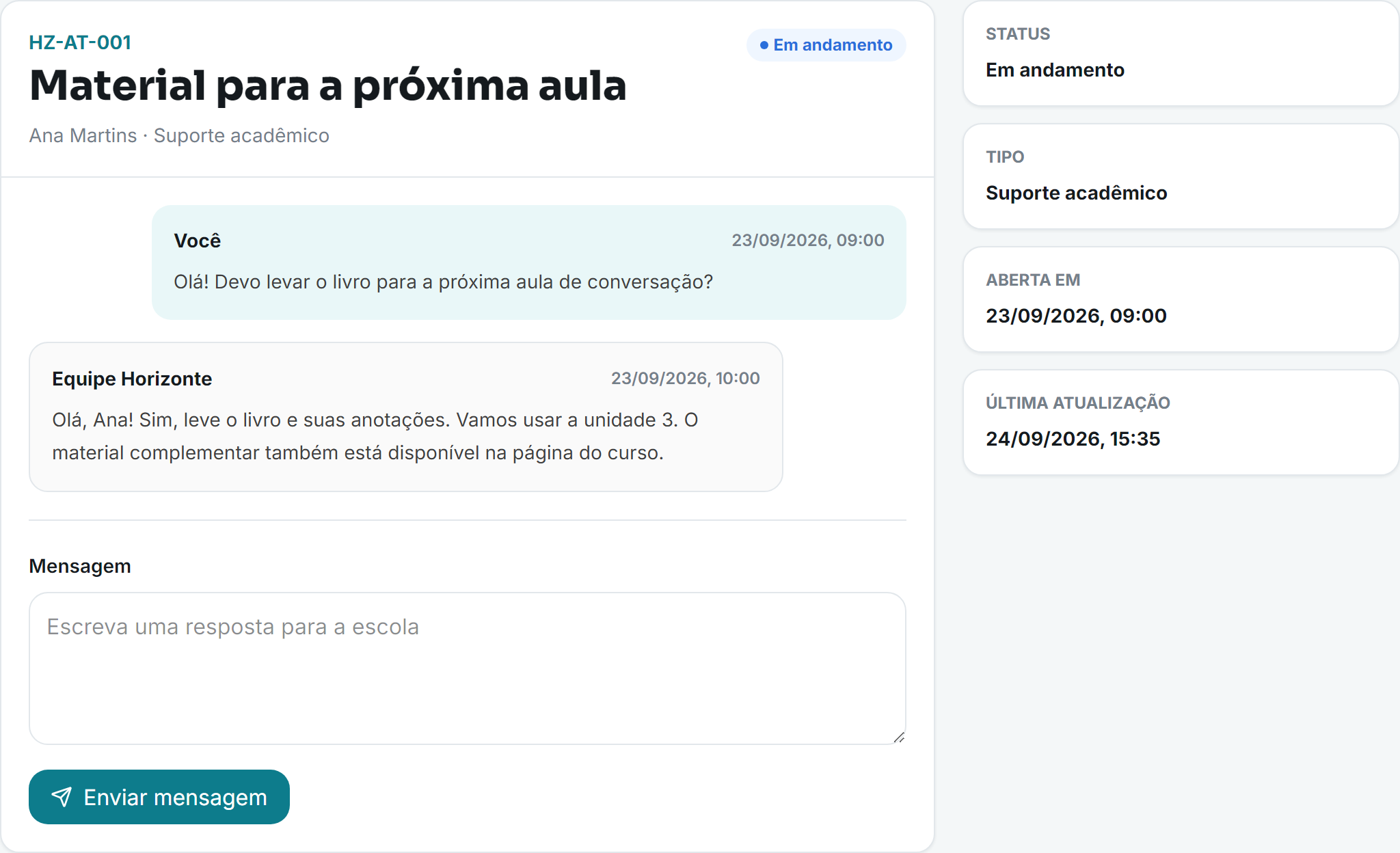 Solicitação no portal do Eduvo com a dúvida de Ana, a resposta da escola e o campo para continuar a conversa.