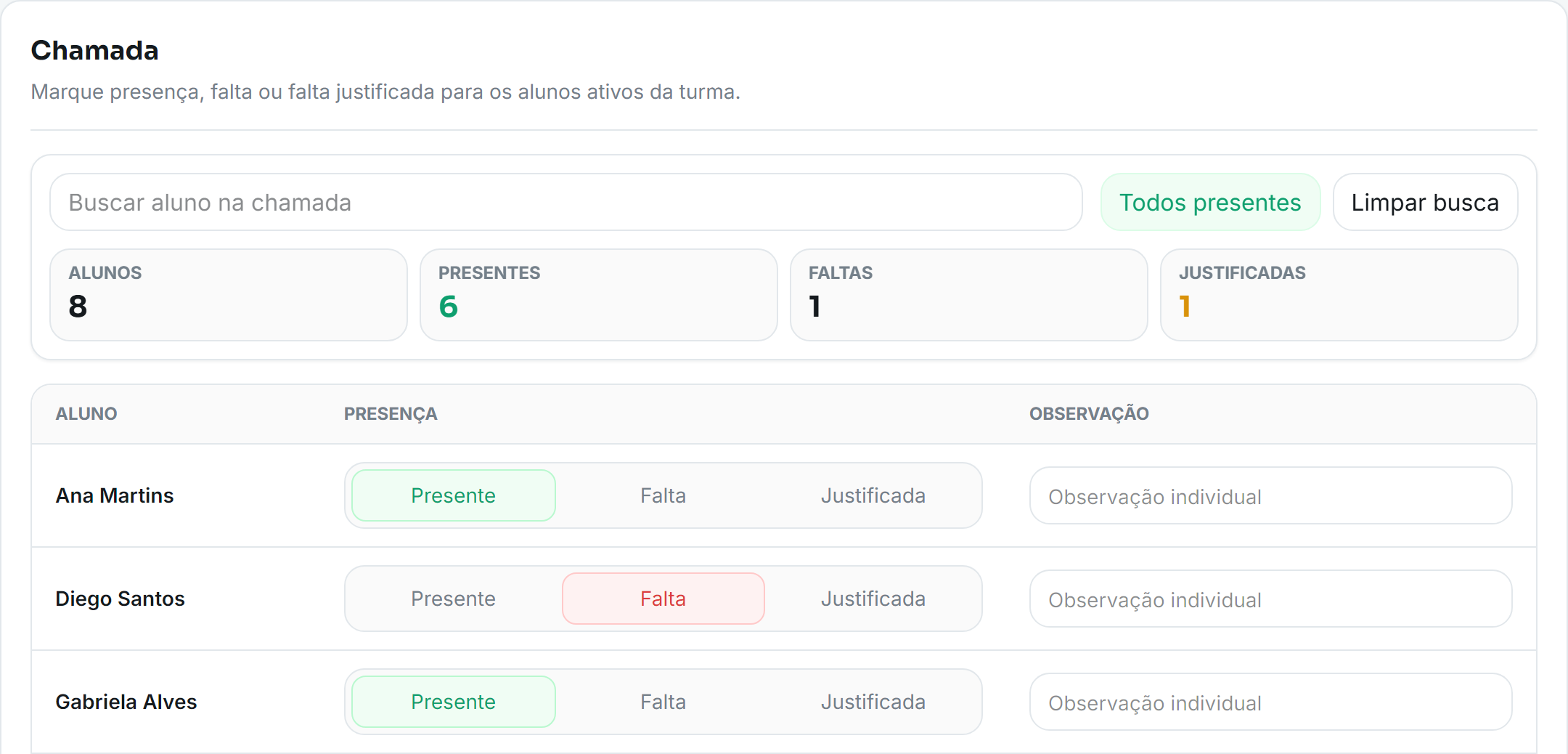 Chamada no Eduvo com busca de alunos, totais, seleção de presença ou falta e observações individuais.
