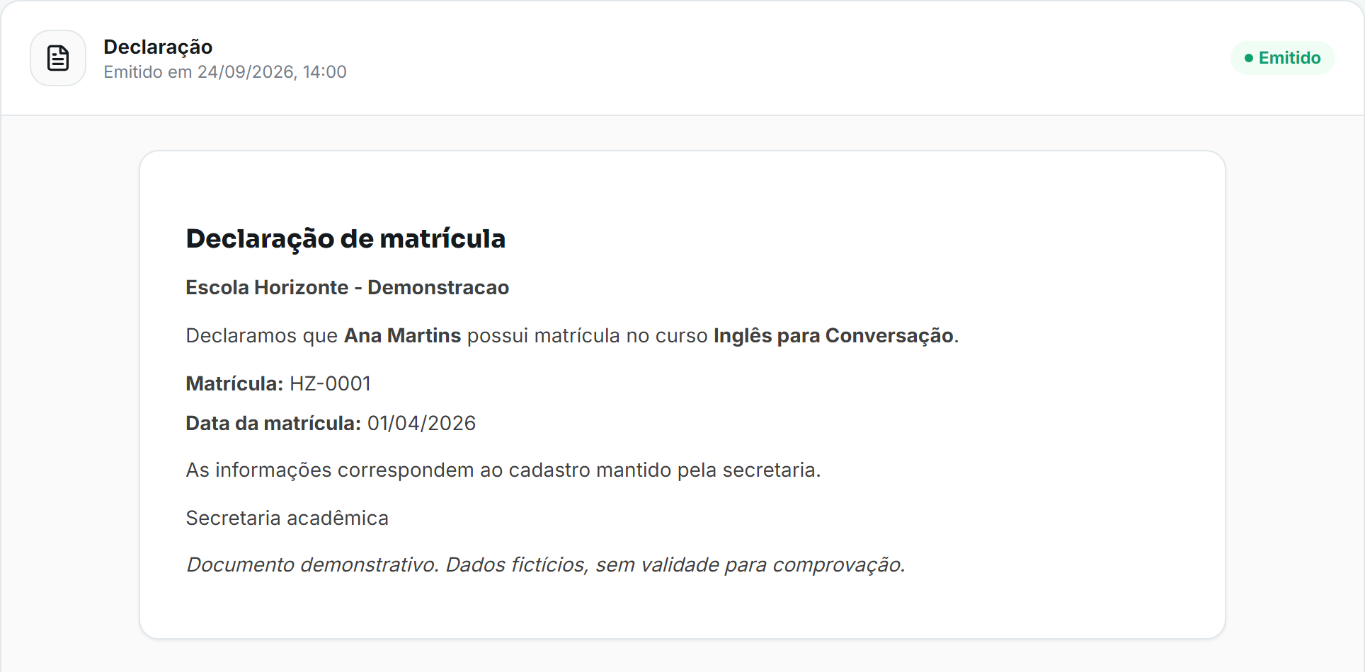 Declaração de matrícula no Eduvo com nome do aluno, curso, data e código da matrícula preenchidos.