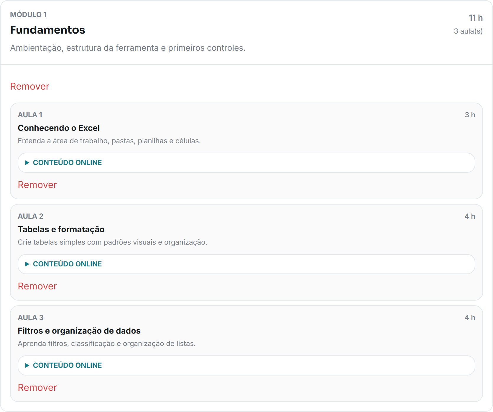 Planejamento da escola no Eduvo: módulo Fundamentos, descrições e carga horária de três aulas.