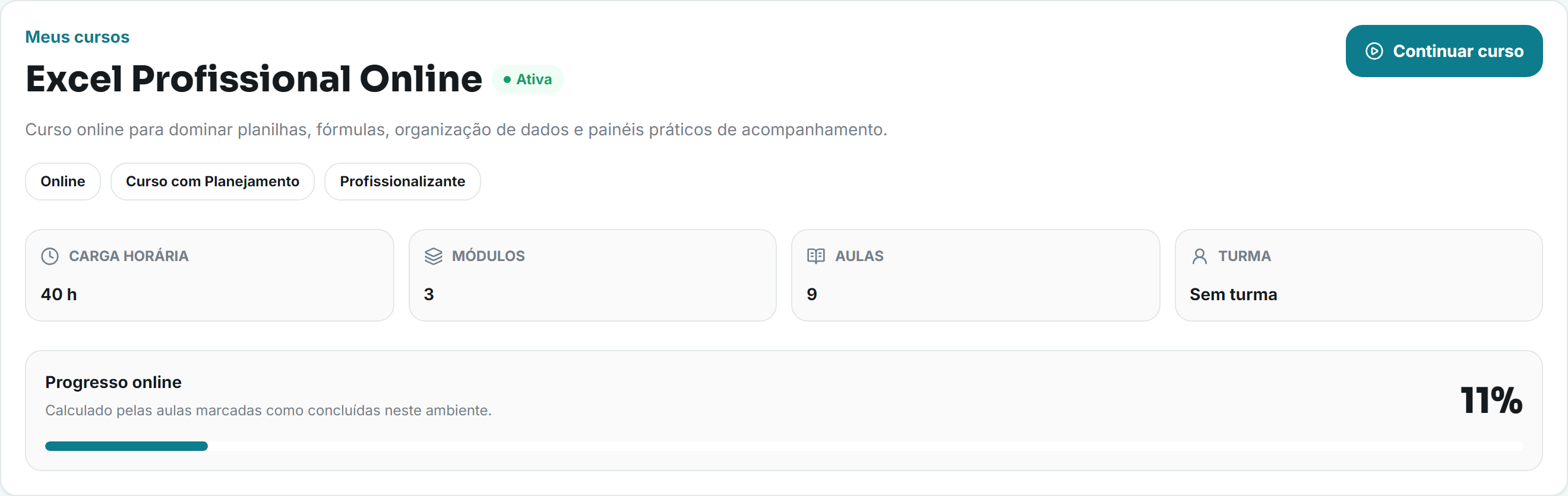 Curso Excel Profissional Online no portal do Eduvo, com três módulos, nove aulas e progresso individual.