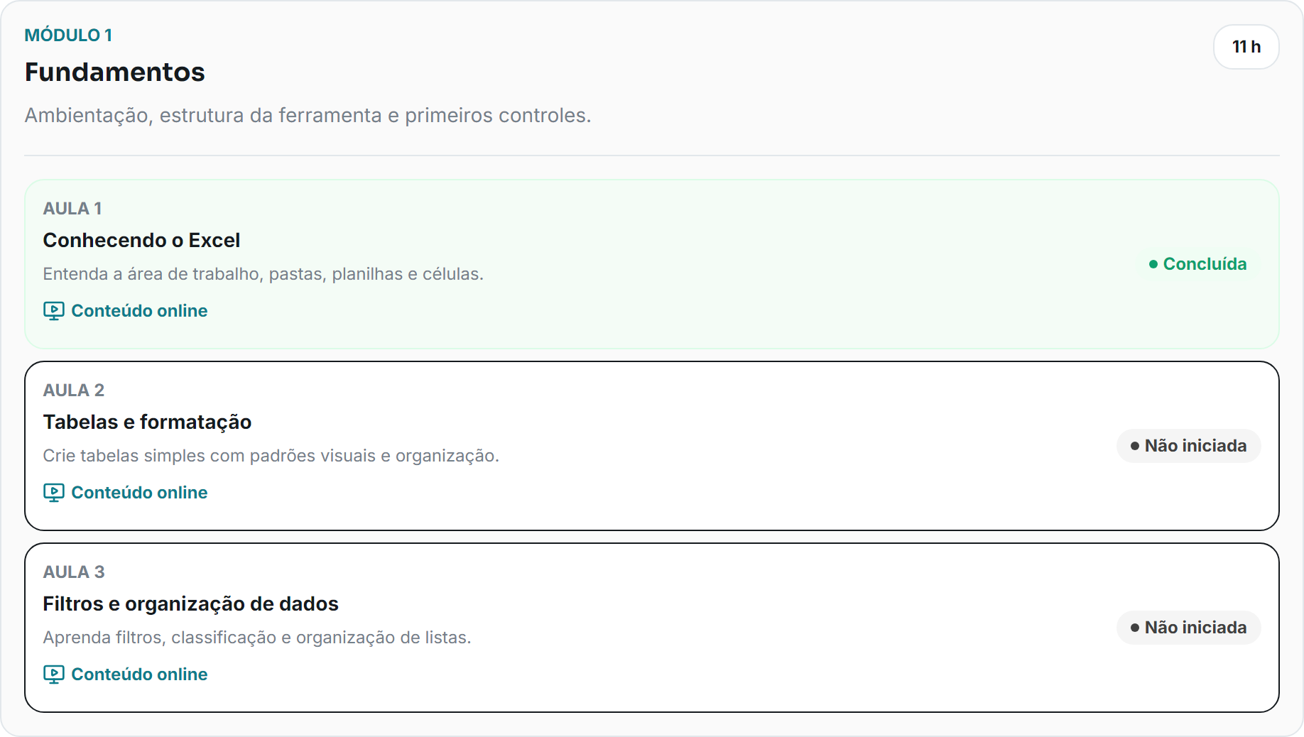 Matriz do curso no Eduvo: módulo Fundamentos com três aulas e o progresso no portal do aluno.