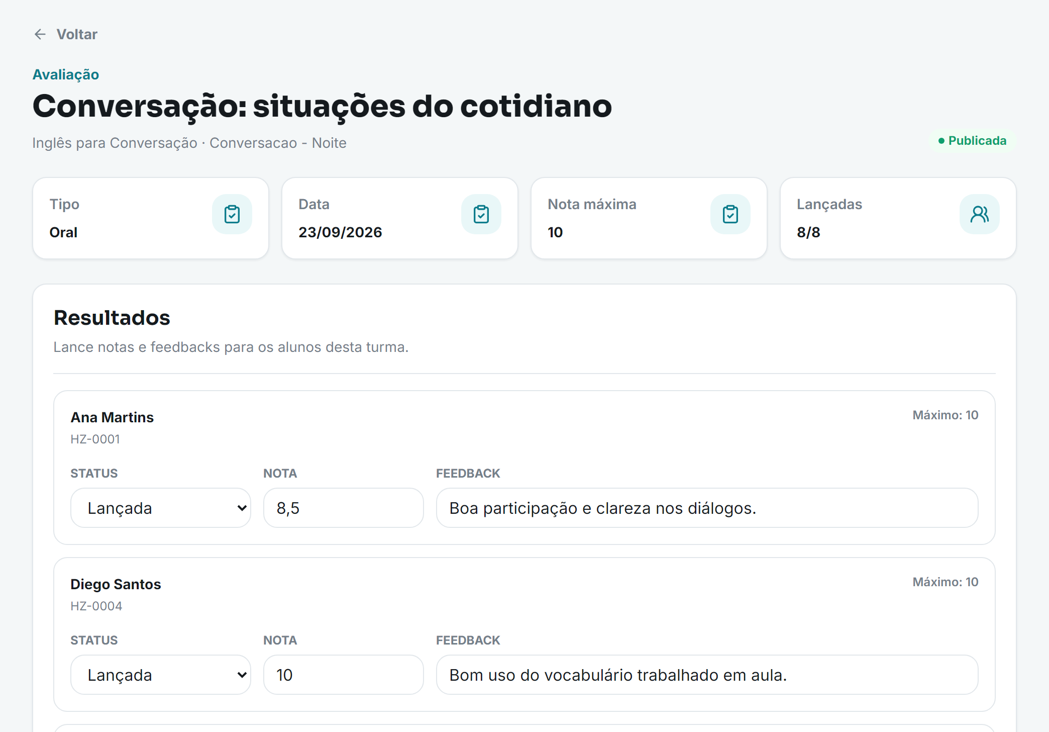 Lançamento de resultados no portal do professor, com situação, nota e feedback por aluno em uma avaliação de conversação.
