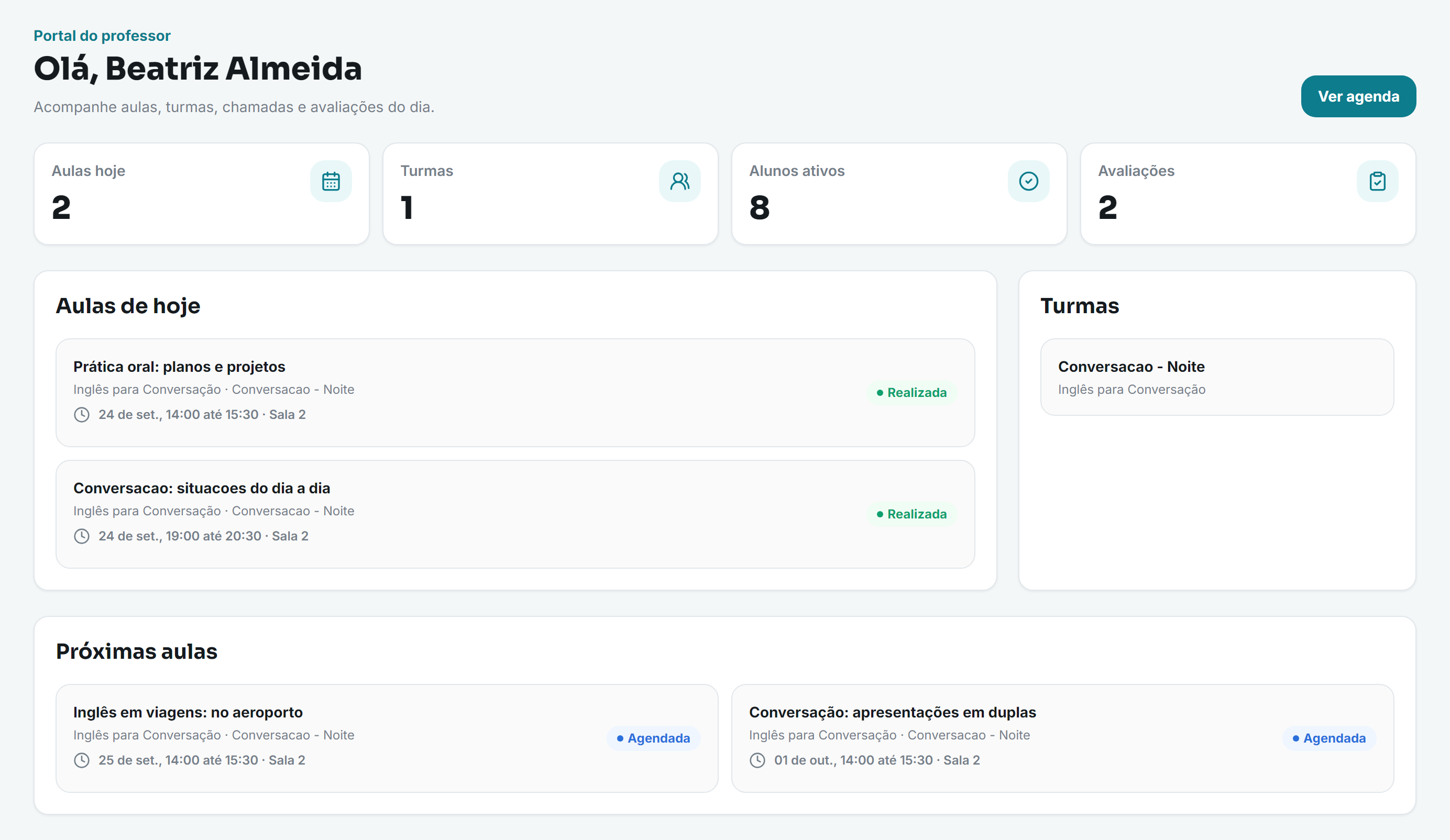 Portal do professor no Eduvo com aulas do dia, turmas, alunos ativos, avaliações e próximos encontros.